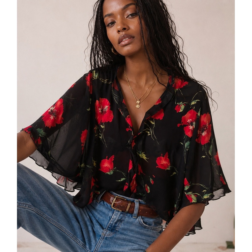 Black Red Floral Sheer Button Front Blouse | Flowy | Size L